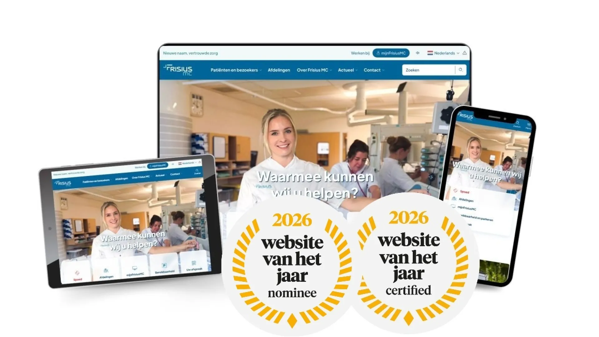 Website gepresenteerd op laptop, tablet en smartphone, met een 2026 "website van het jaar" certificaat.