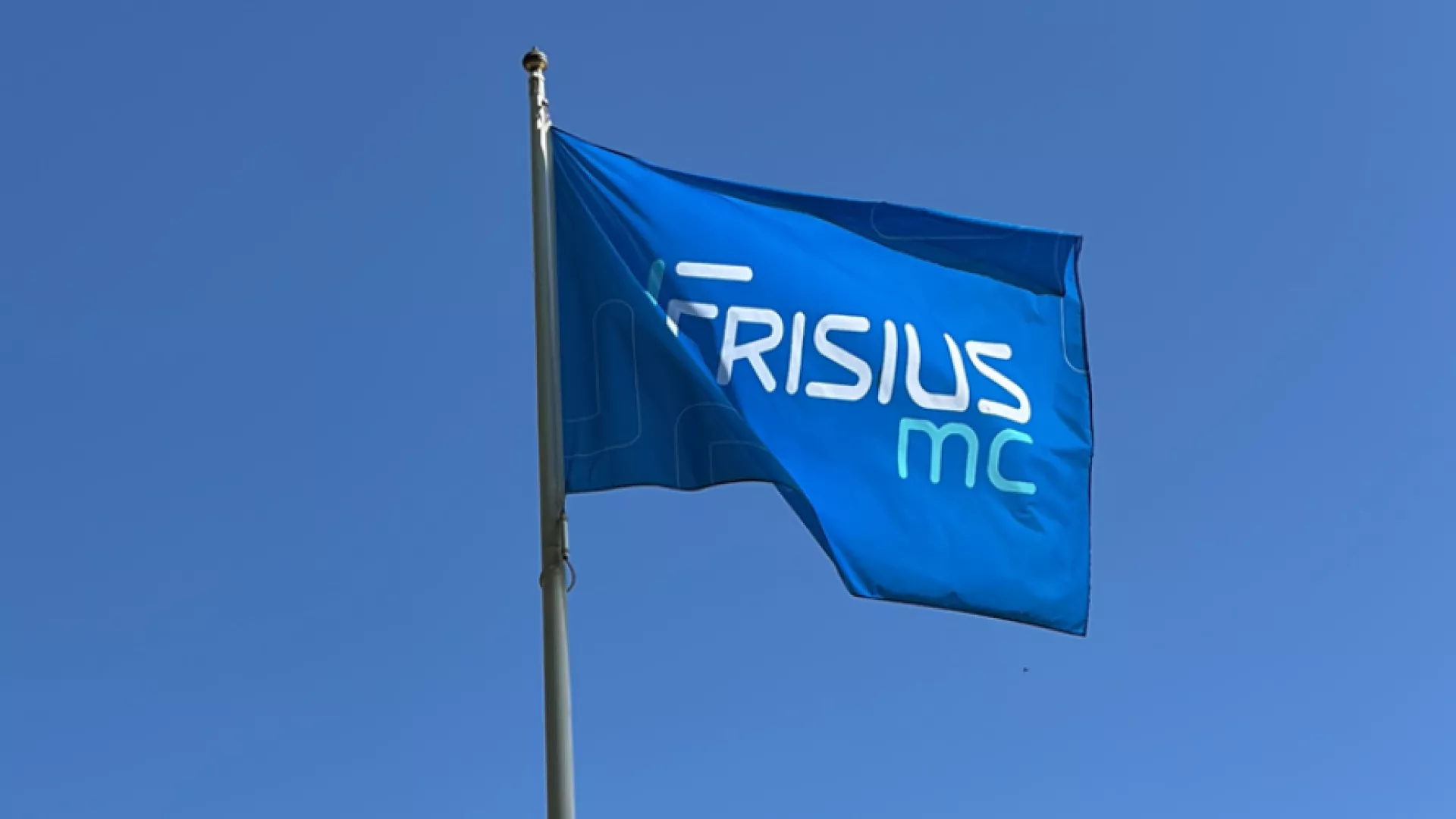 Blauwe vlag met het opschrift "FRISIUS MC" die wappert tegen een helderblauwe lucht.