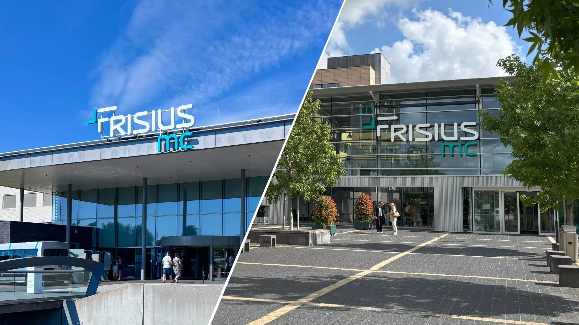 Twee zijaanzichten van de locaties van Frisius MC in Leeuwarden en Heerenveen onder een blauwe hemel.