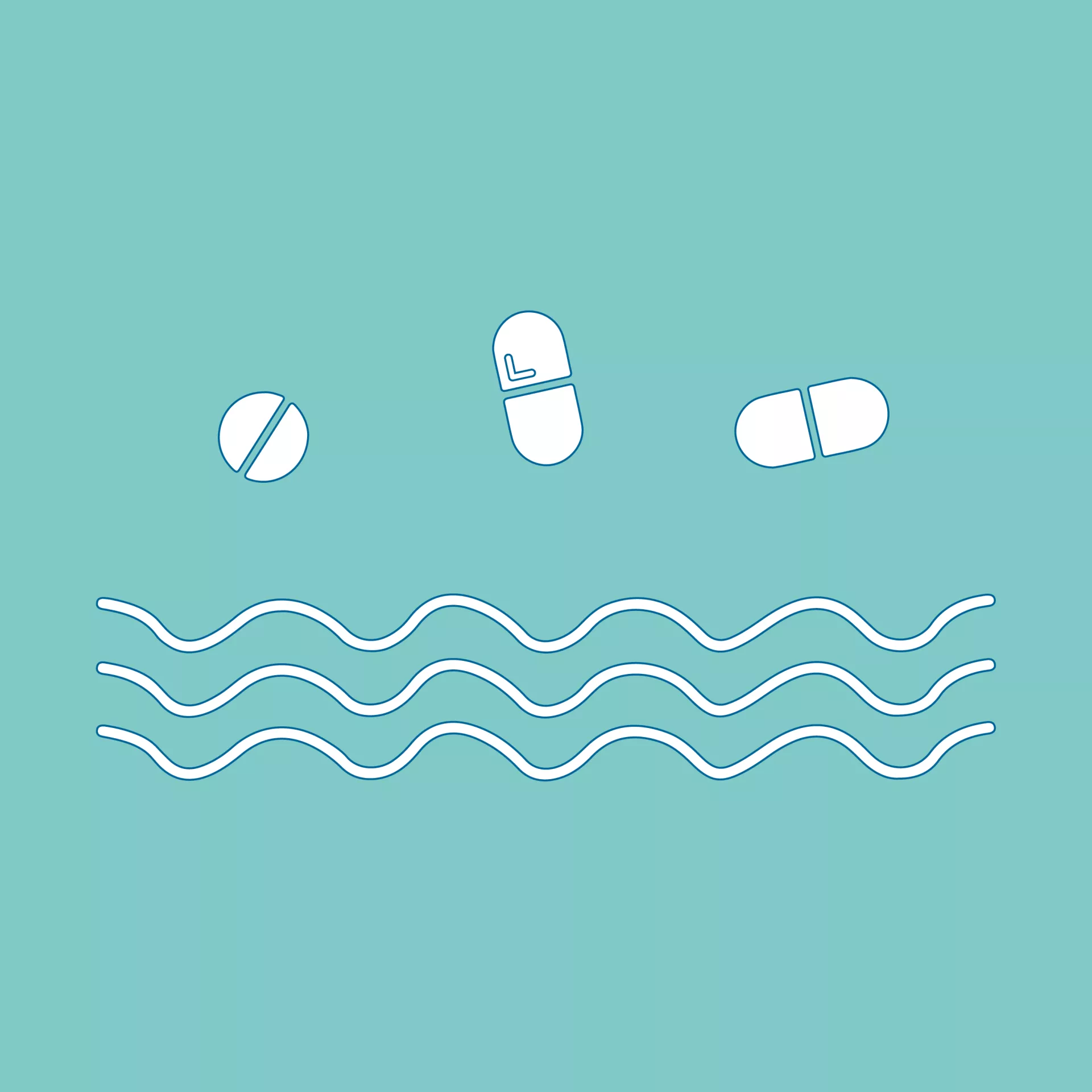 Abstracte illustratie van tabletten en golvende lijnen op een groene achtergrond.