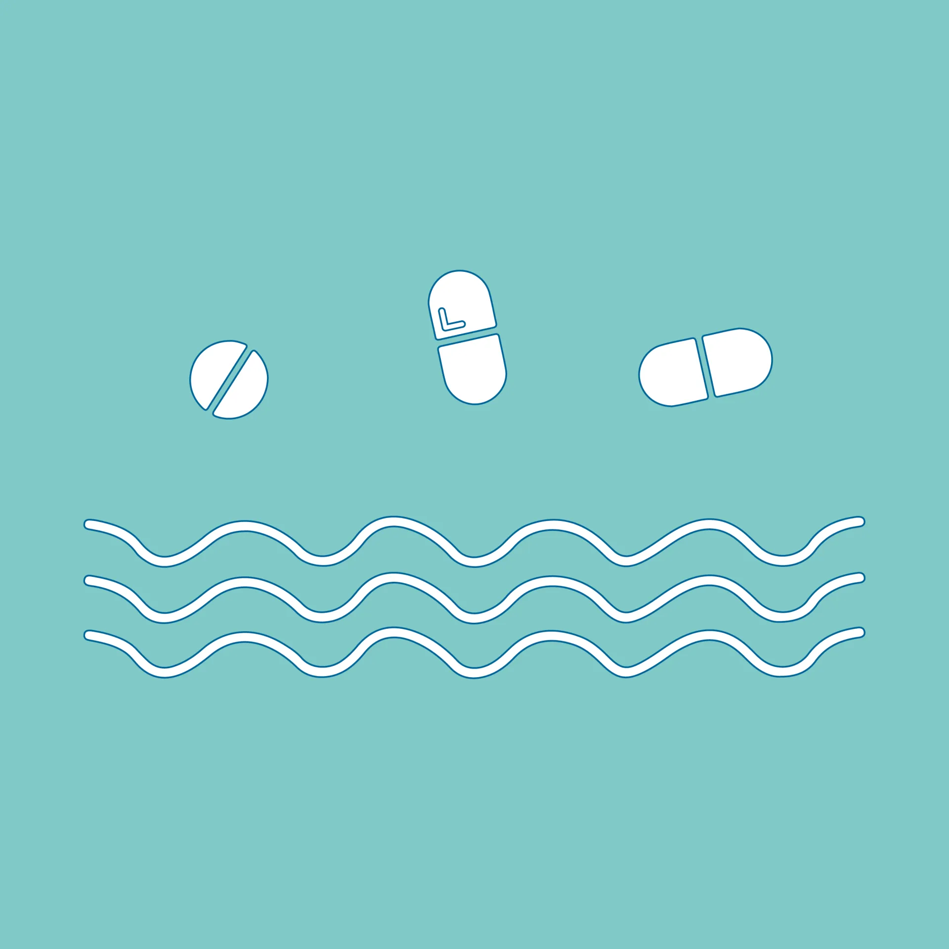 Abstracte illustratie van tabletten en golvende lijnen op een groene achtergrond.
