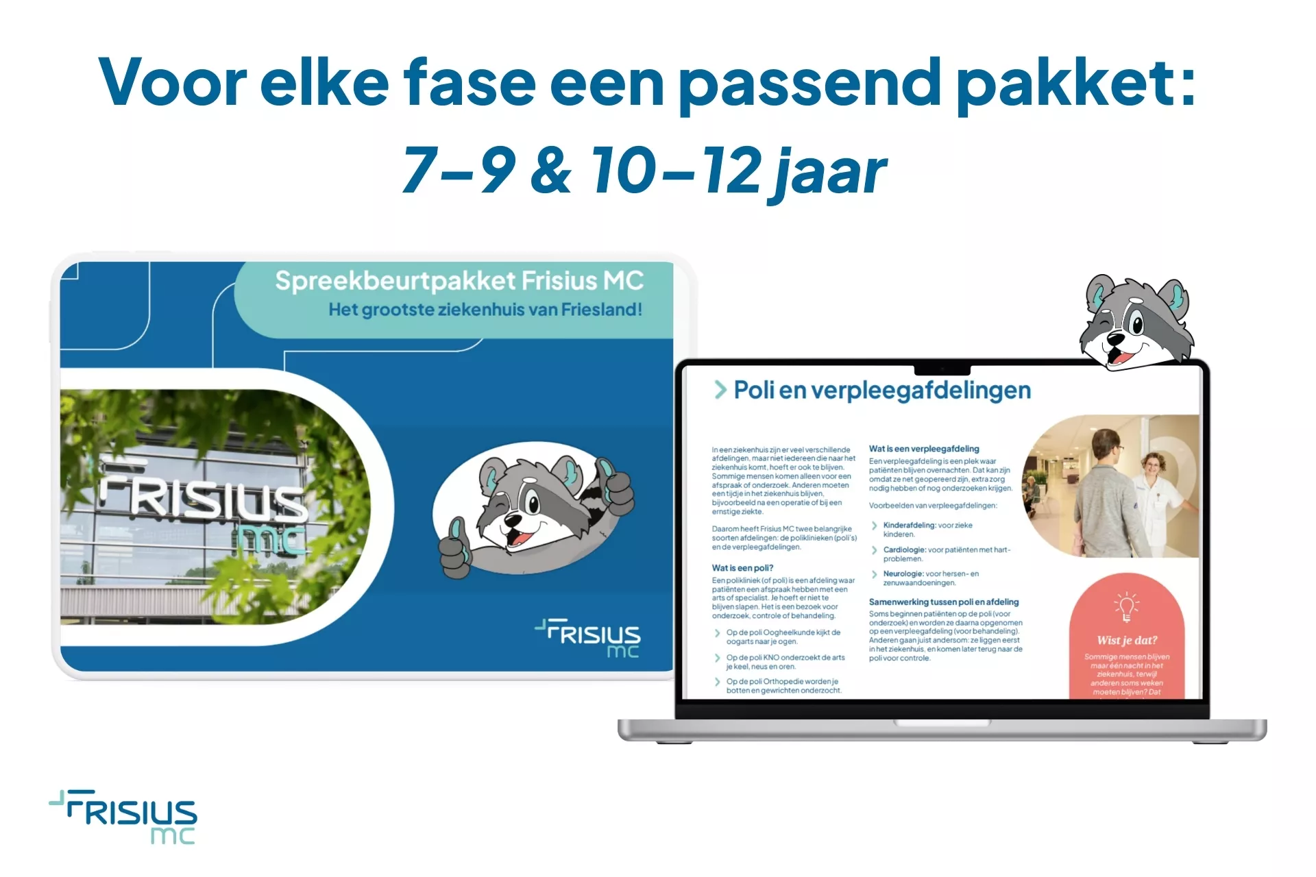Een afbeelding van spreekbeurtpakketten van Frisius MC voor kinderen van 7-9 en 10-12 jaar.