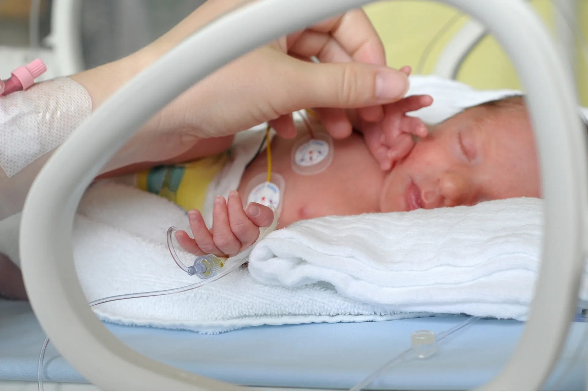 Pasgeboren baby in couveuse met zorgzame hand.