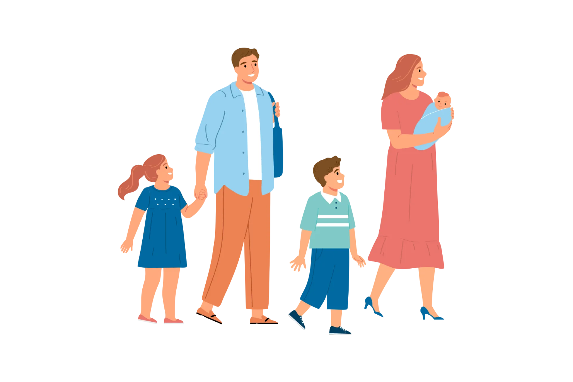 Illustratie van een gezin met twee kinderen en een baby.