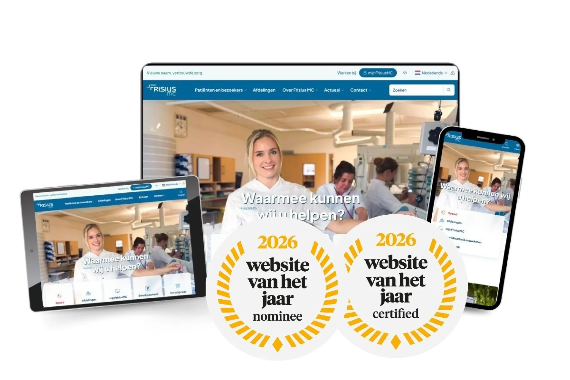 Website gepresenteerd op laptop, tablet en smartphone, met een 2026 "website van het jaar" certificaat.